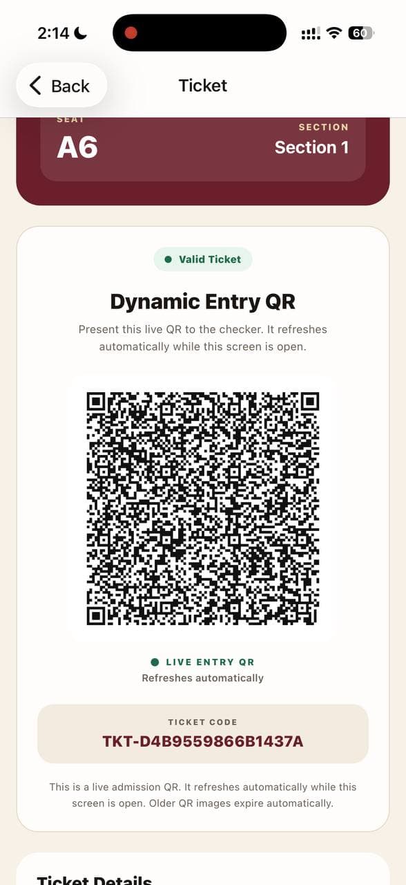 Dynamic ticket entry QR screen