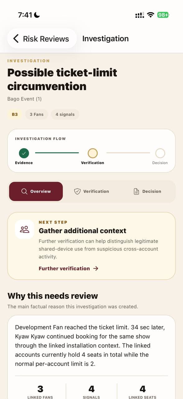 Ticket risk investigation interface